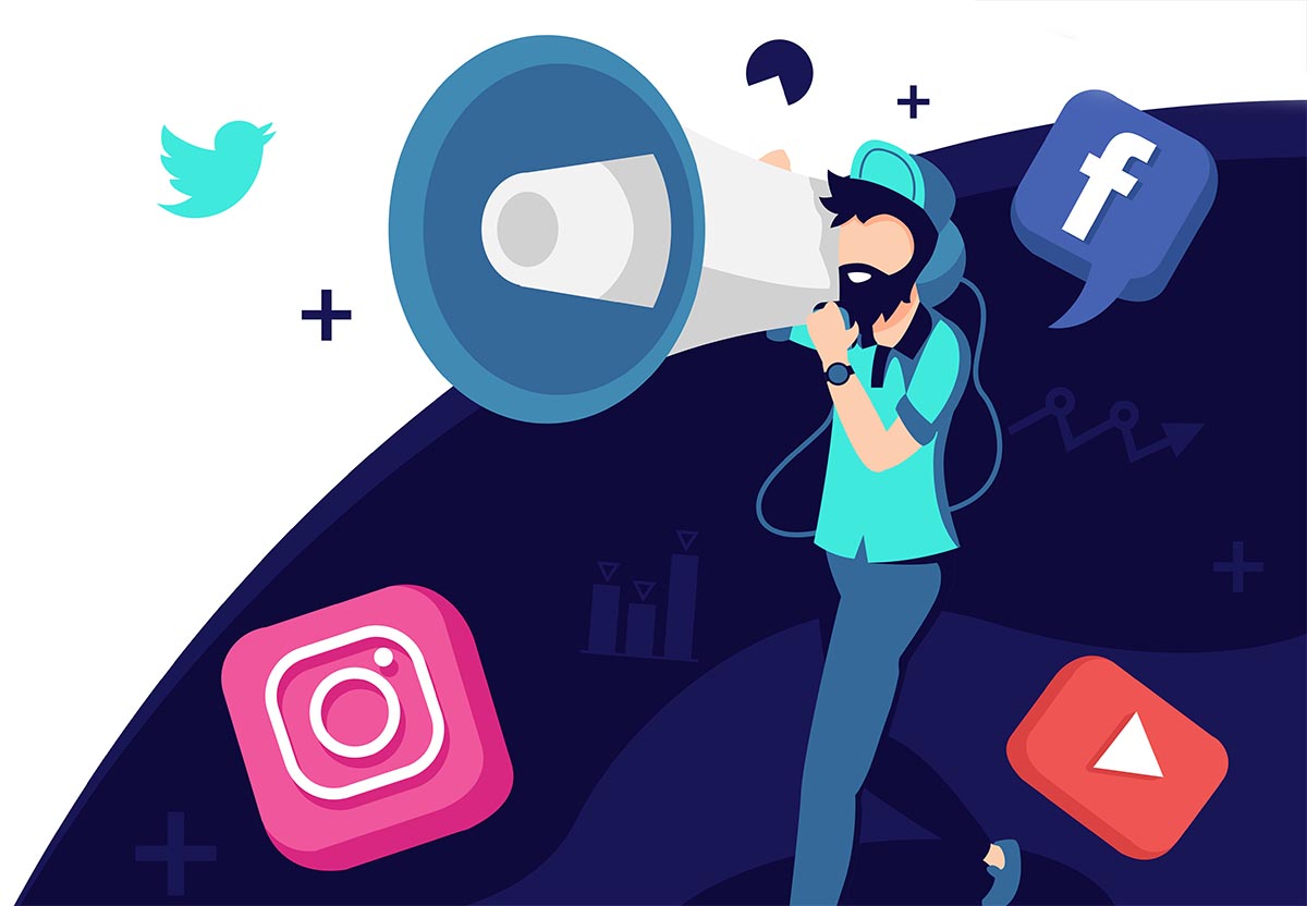 Graphic of a man with a megaphone and social media icons