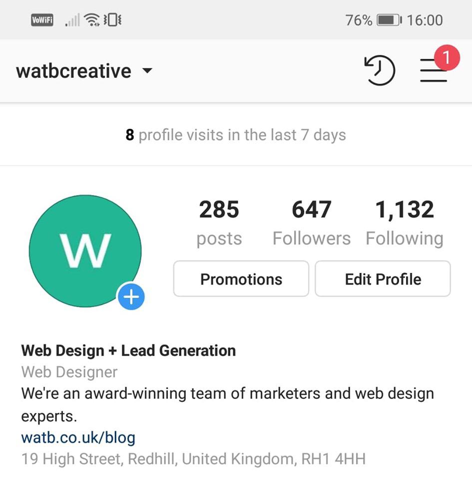 Screenshot of Watb Instagram homepage displaying profile visits