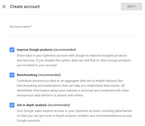 Creating a Google Optimize account