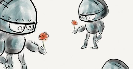 Two cartoon style robots offering flowers