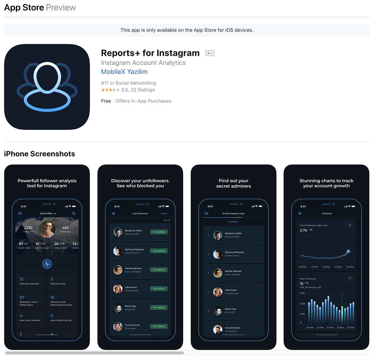 Screenshot of Reports+ for Instagram on the App Store