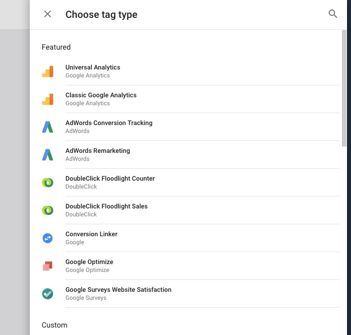 Google Tag Manager - Choose Tag type
