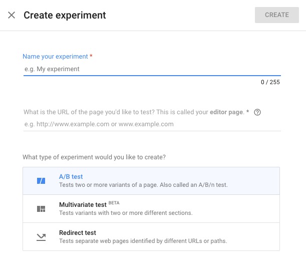Google Optimize Create an experiment