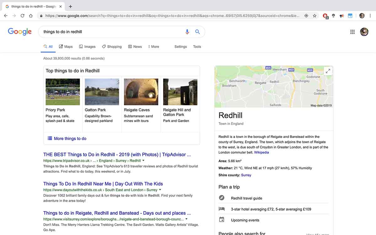 SERPs for the term 'things to do in Redhill'
