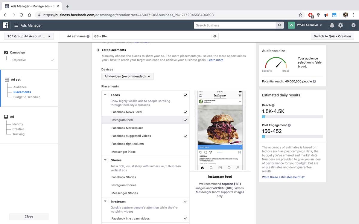 Screenshot of the Edit placements section of Facebook Business Manager
